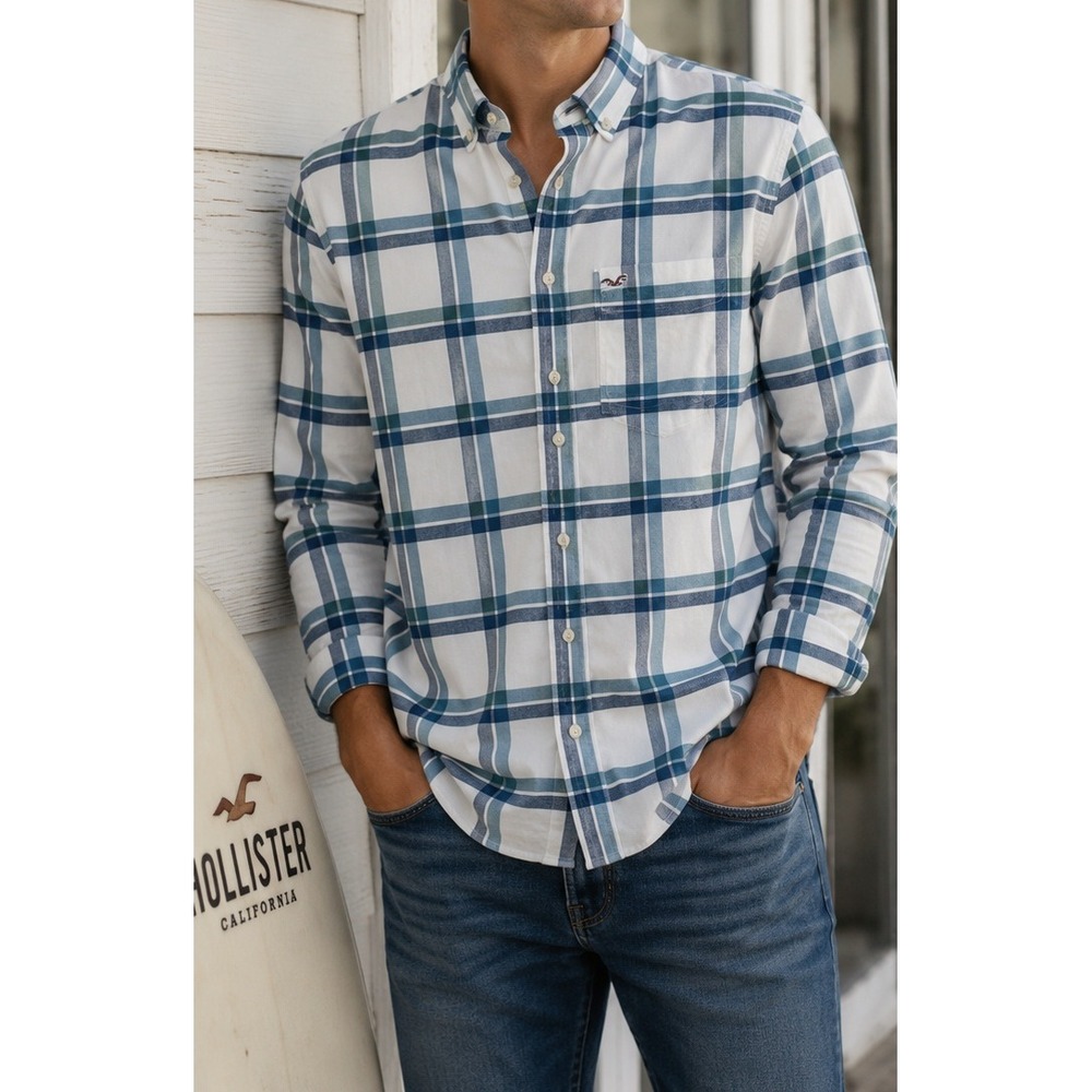 Hollister Mens Large Plaid Button Down Shirt Stretch Blue Green White LS